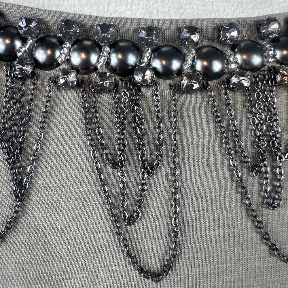 Chico’s olive green/gray top with jeweled chain neckline size 2-large/12 - Picture 7 of 9